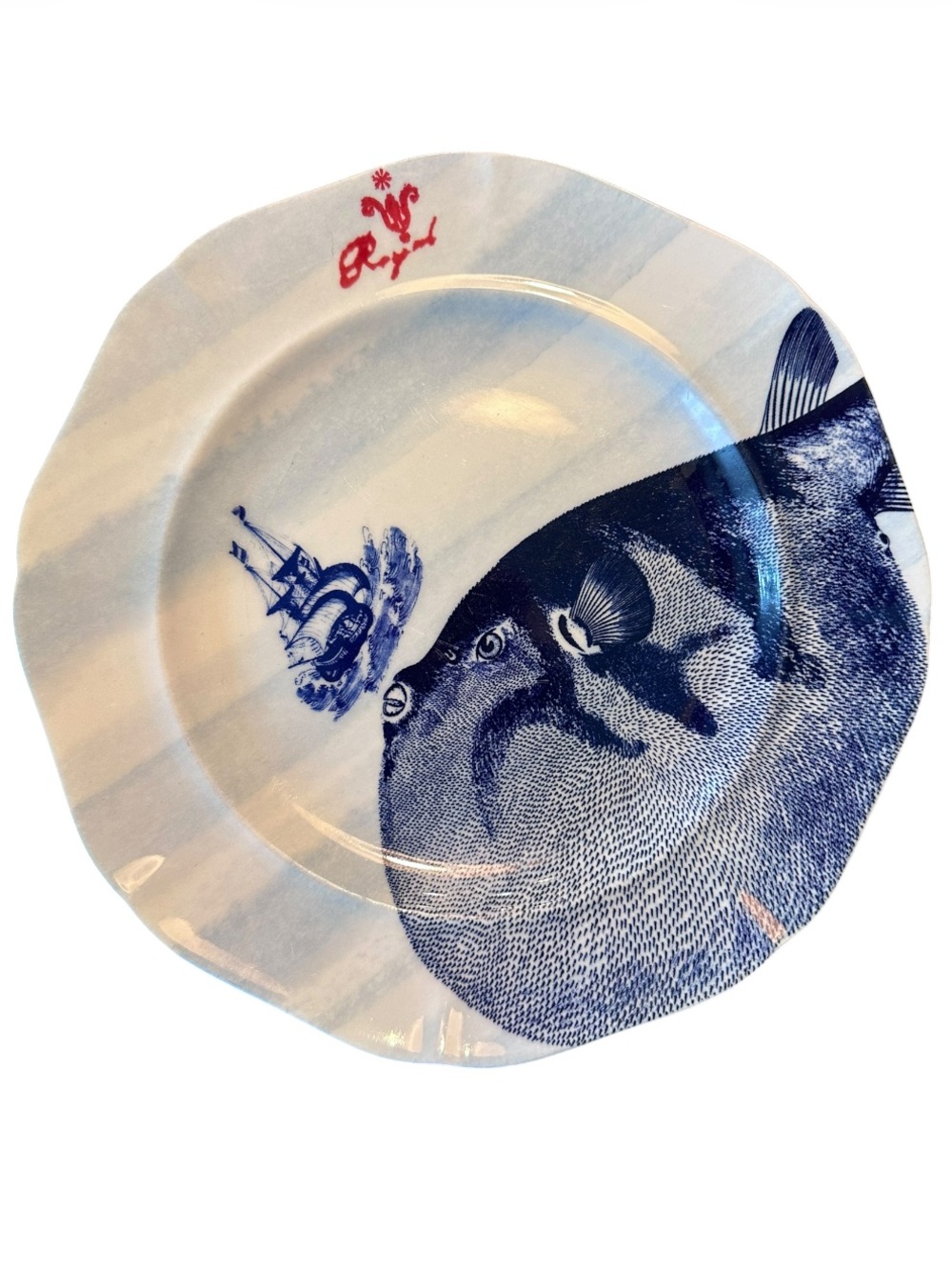 Anthropologie From The Deep 8” Salad plate Puffer Whale Anthro Nautical